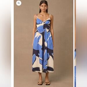 mon renn twilight palms blue & cream strappy midi summer sun dress size small